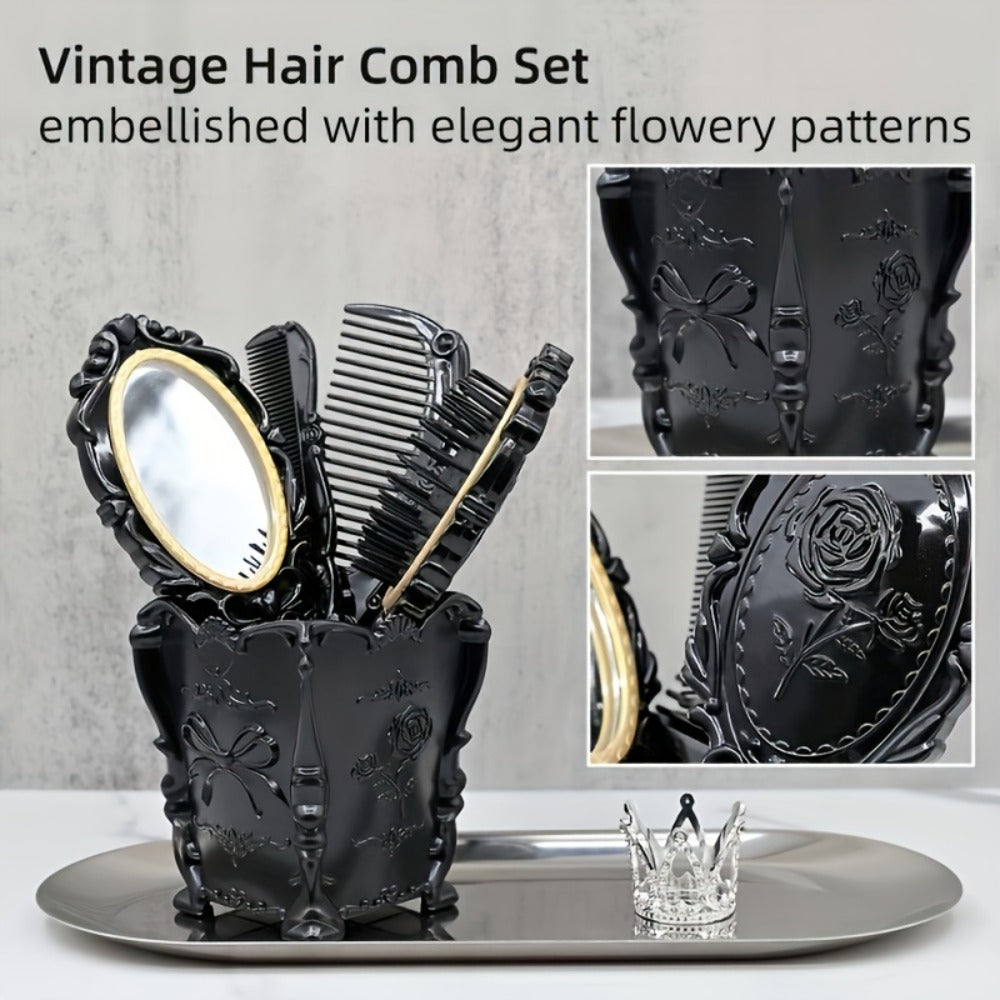 Retro Hair Comb Set with Mirror Scalp Massage Hairbrush Pocket Mirror Vintage Vanity Brush Set for Women Girls Travel Daily G