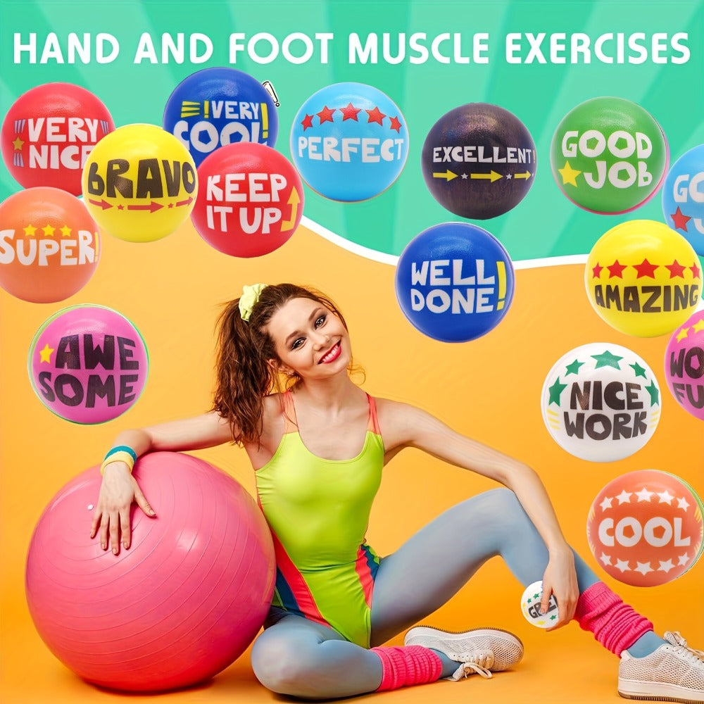 Motivational Squeeze Stress Balls 24 Pack Multicolor, 2.48" Squishy Balls with Positive Affirmation Slogans for Classroom Pri