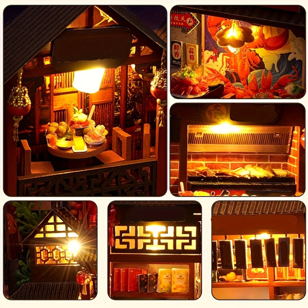 Book Nook Kit Chinese Food Street Miniature Dollhouse 3D Wooden Puzzle Bookshelf Insert DIY Model Building Set for Adults Tee