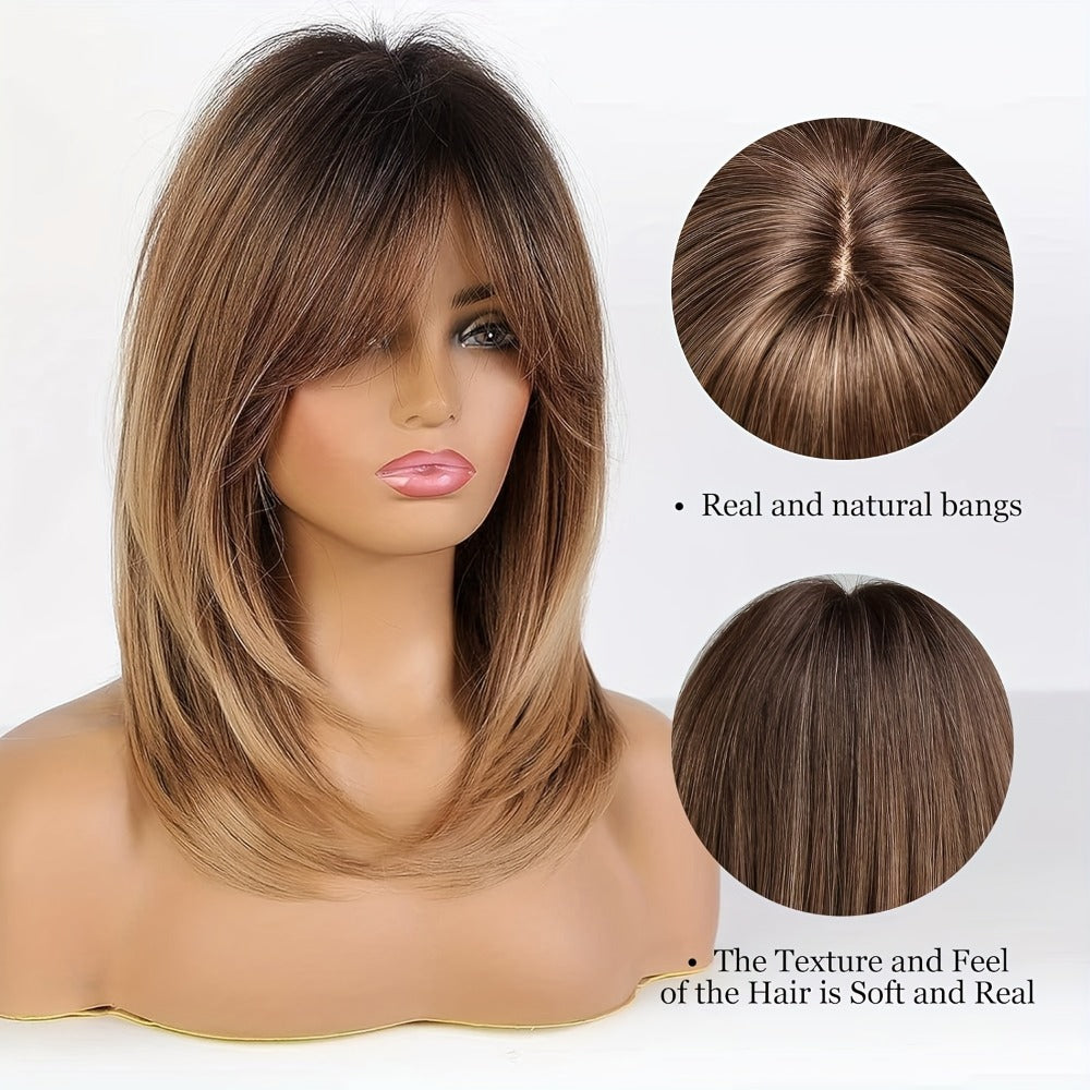 Wig Long Straight Layered Style in Dark Brown, 18-Inch Synthetic Fiber with Bangs and Rose Net Cap — image 3