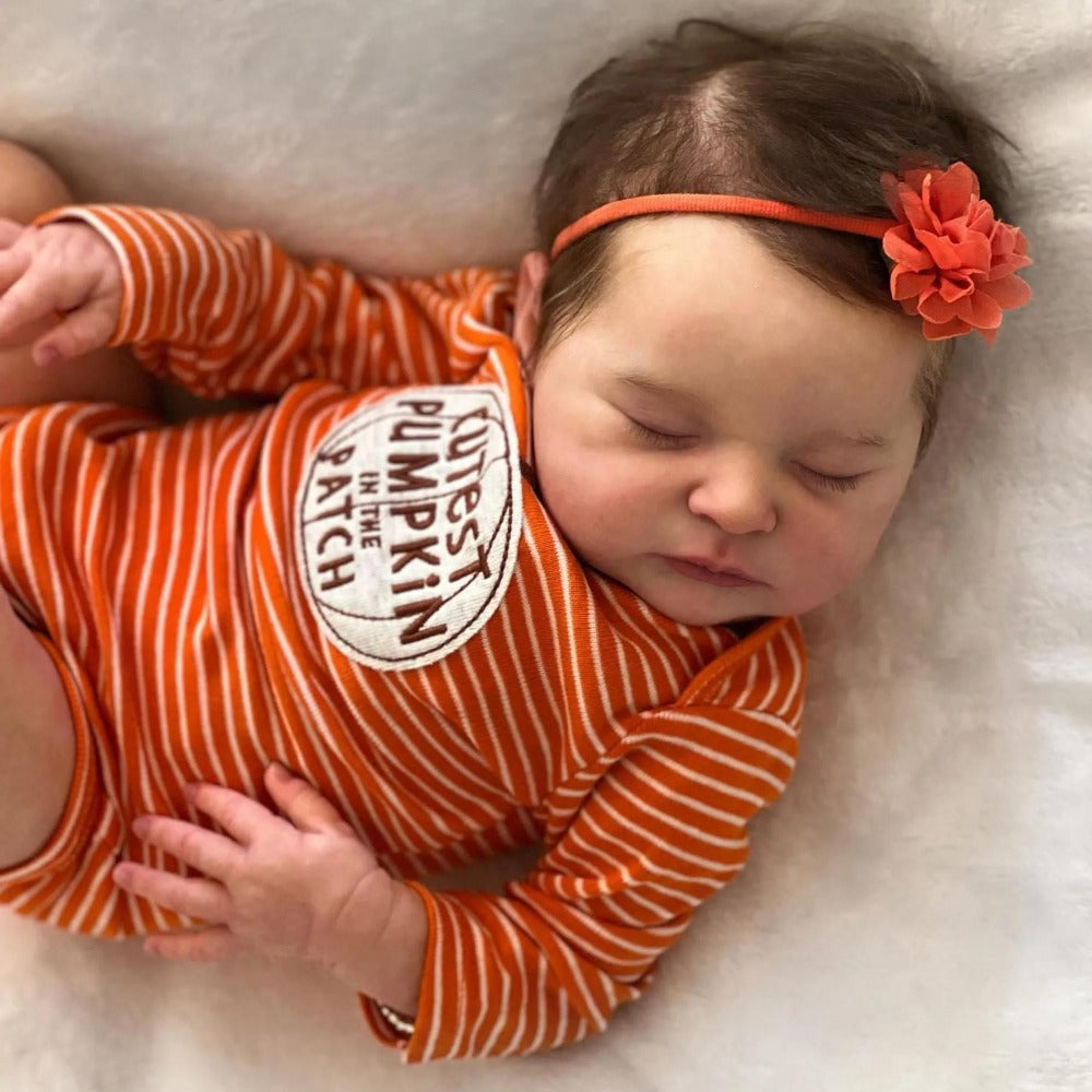 Reborn Baby Doll 20-Inch Sleeping Cloth Body with Rooted Hair, Orange Outfit, Pacifier, Bottle and Accessory Card — image 1