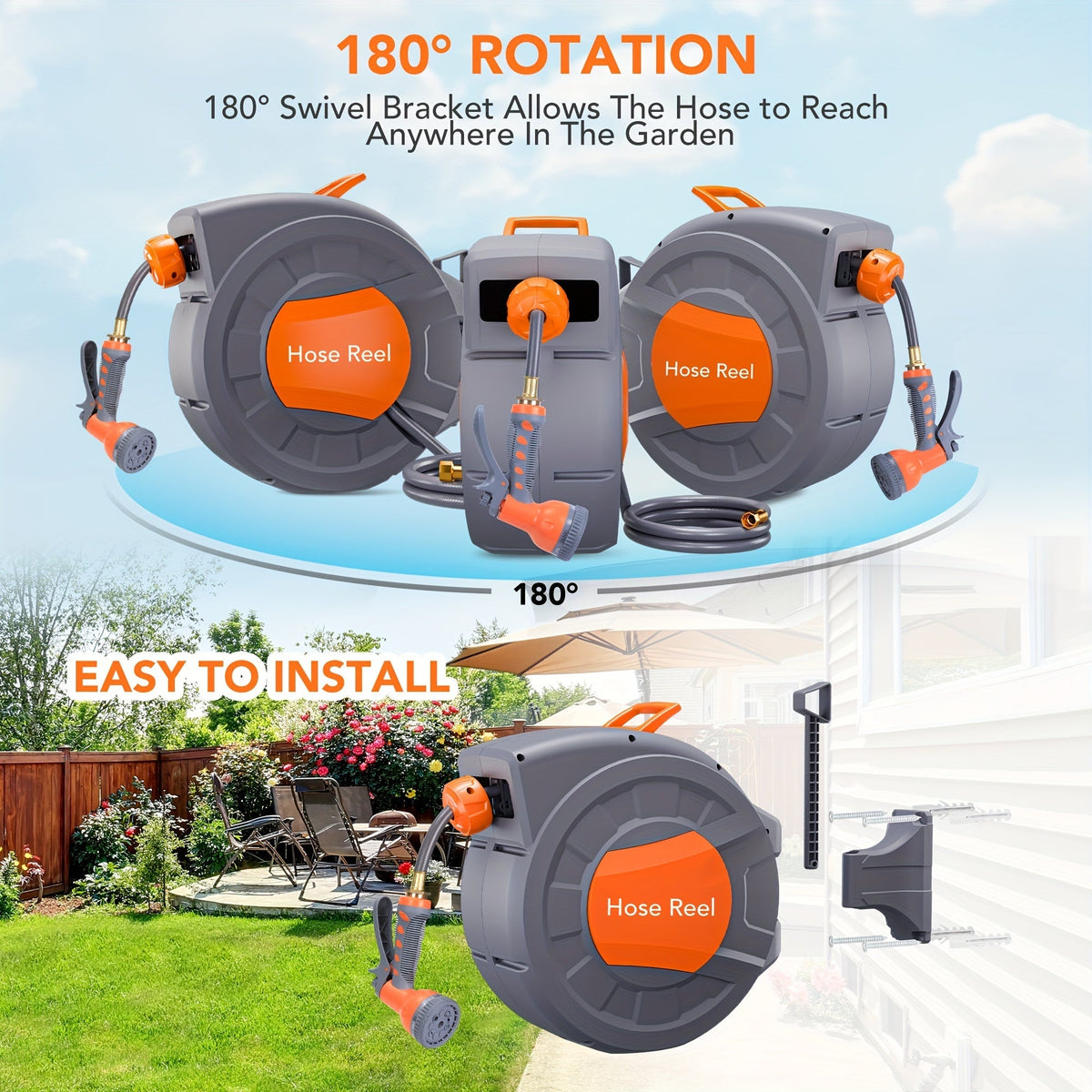 65ft Automatic Garden Hose Reel with 9-Function Sprayer | 180° Swivel, Auto-Rewind & Slow Return System — image 2