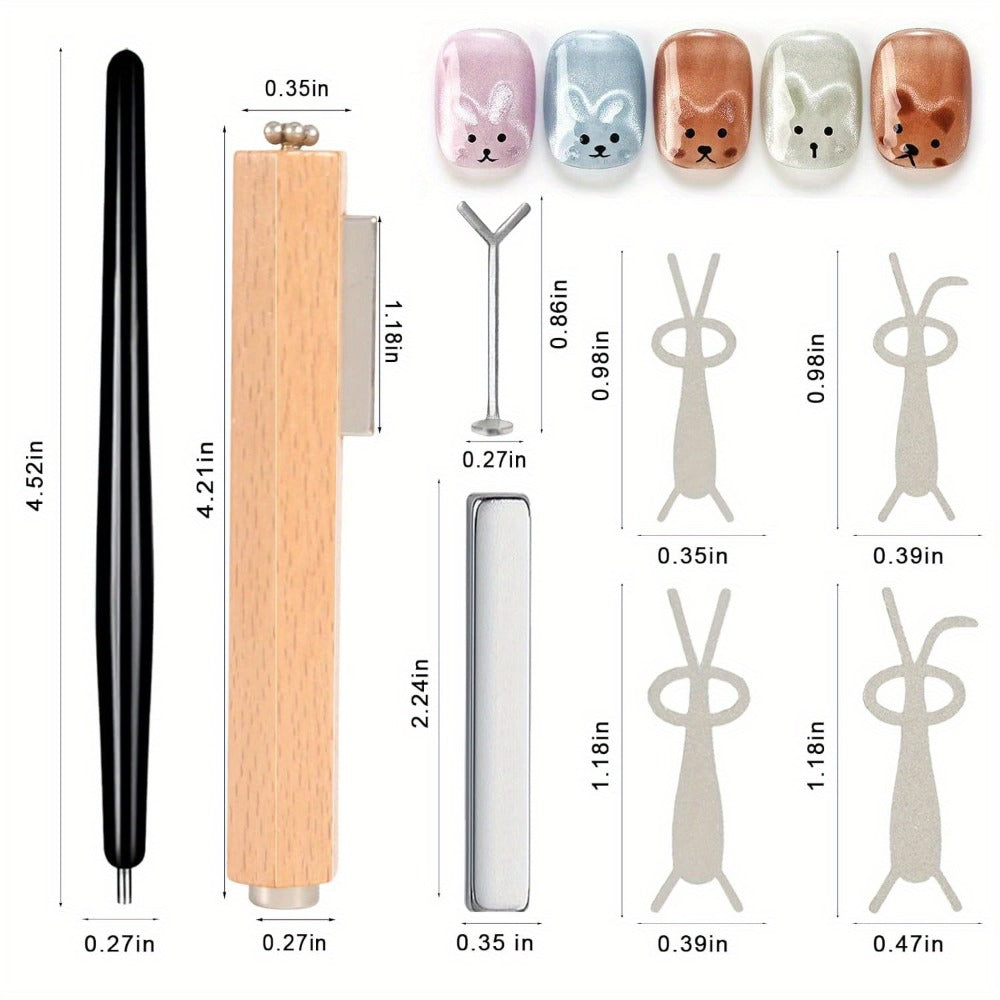 Cat Eye Nail Magnet Set 11pcs – 3-in-1 Magnet Stick with Heart & Bunny Designs, Strong Magnetic Tool for Cat Eye Gel Polish N