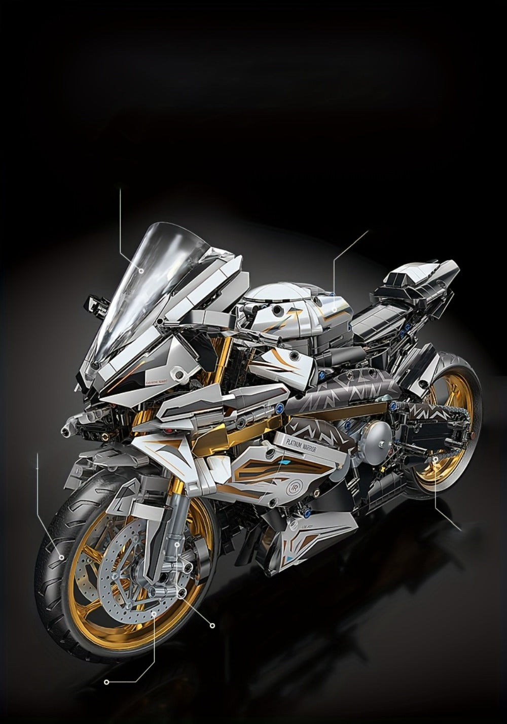 Motorcycle Building Blocks Model Kit 1:5 Scale 2000+ Pieces, Platinum Gold & White Collectible Brick Motorbike Display Set — 