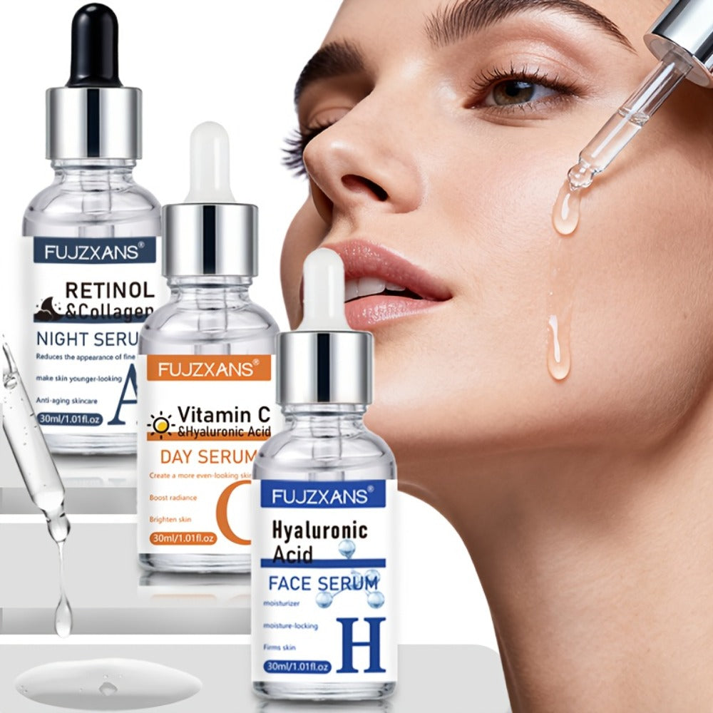 Vitamin C Retinol Hyaluronic Acid Serum Set, 3-Piece Day & Night Dropper Kit with Collagen & Glycerol — image 1