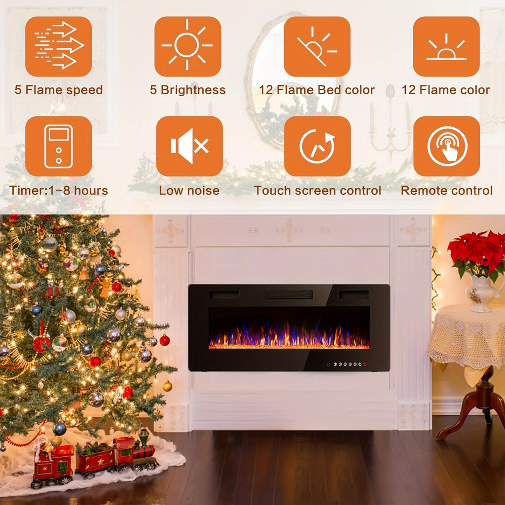 Wall Mounted Electric Fireplace Recessed In-Wall Linear Heater Multicolor Flame 750W/1500W Touch Screen for Garden, Patio and