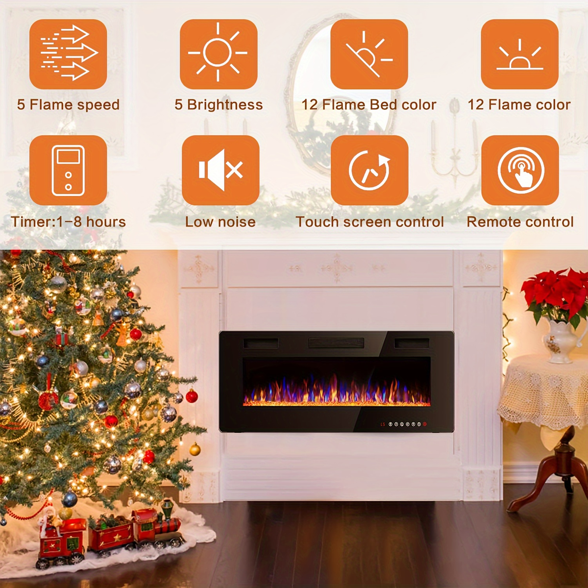 Wall Mounted Electric Fireplace Recessed In-Wall Linear Heater Multicolor Flame 750W/1500W Touch Screen for Garden, Patio and