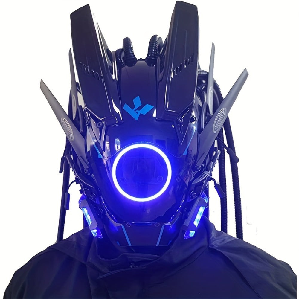 LED Braided Cyberpunk Costume Helmet with Circular Face Light and Blue, Green or Pink Accent Styles — image 3