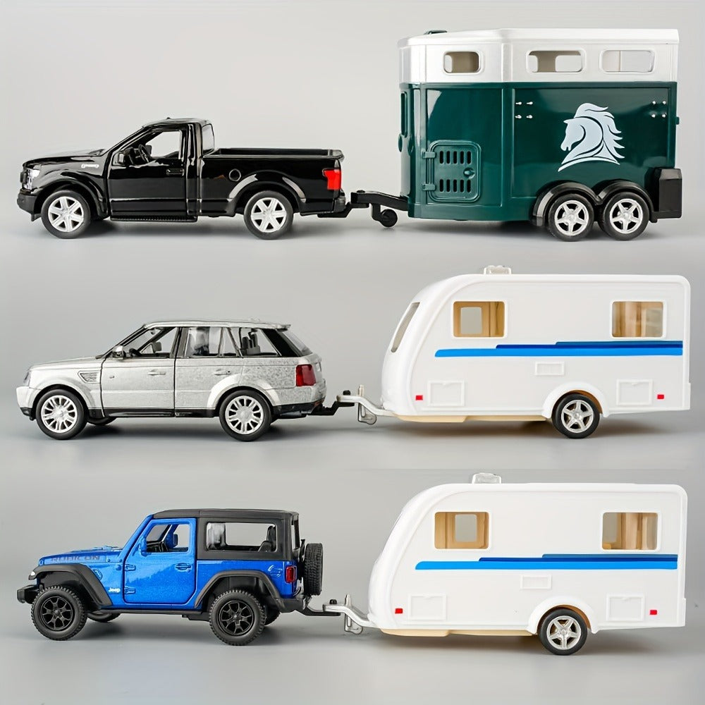 RMZCity 1:36 Scale Zinc Alloy Pull Back Car with Horse Trailer & Horse Vehicle, Openable Doors Diecast Toy Set for Kids & Adu