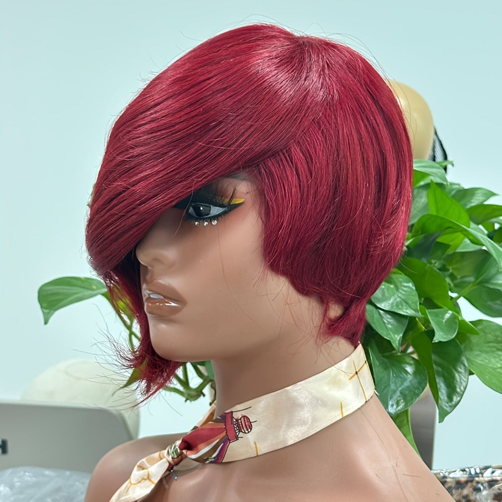 Layered Pixie Human Hair Wig with Side Bangs in #4 Brown, #99J Burgundy or #1 Black Color Options — image 12