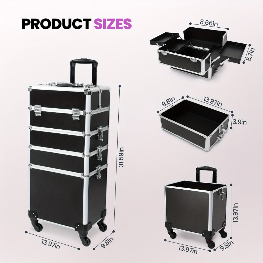 Rolling Makeup Train Case 4-in-1 Black Cosmetic Trolley with 360° Swivel Wheels & Makeup Sponges Set – Large Professional Sal