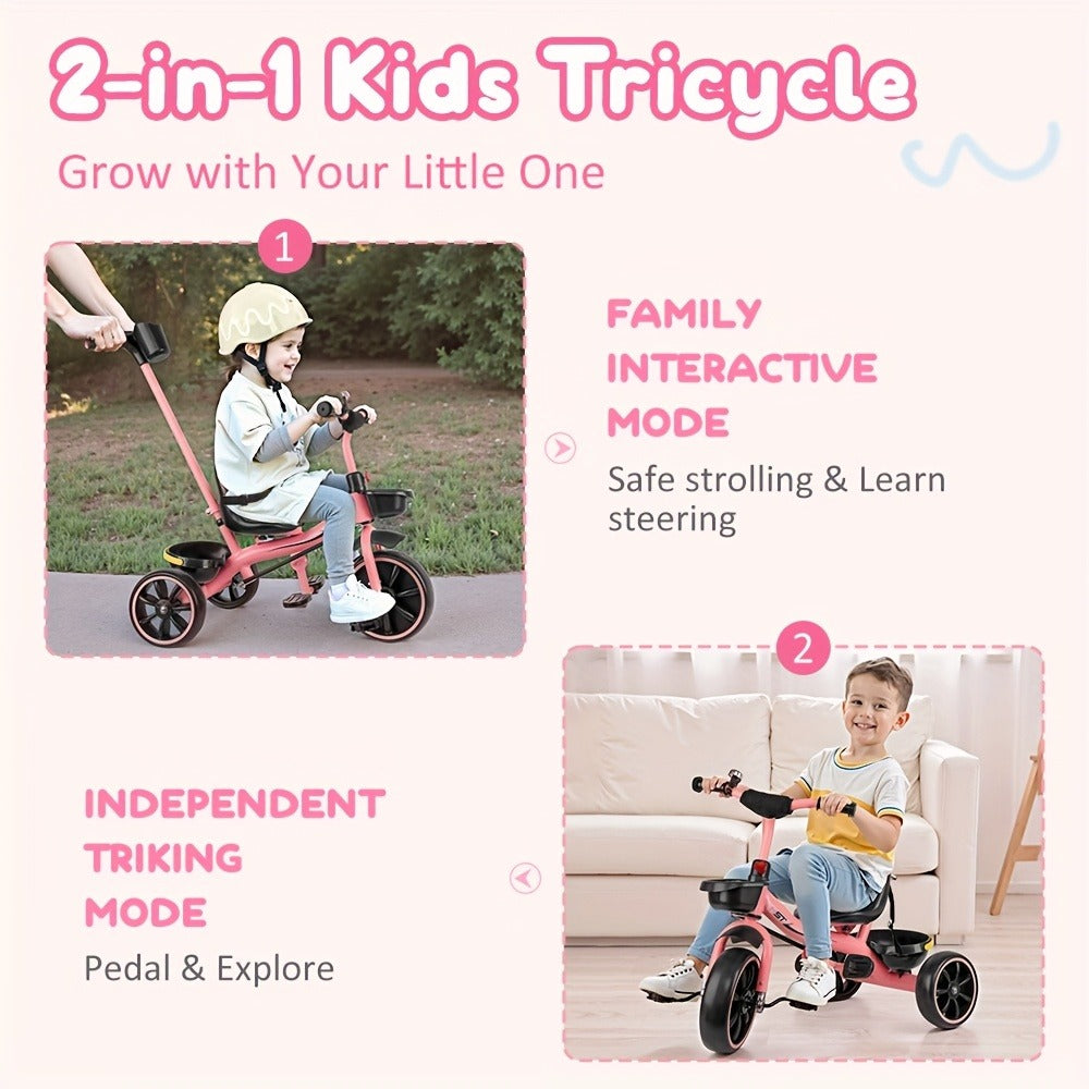 Push Handle Tricycle for Toddlers Girls Pink, 3 Wheel Trike Ages 18-60 Months with Padded Backrest — image 3