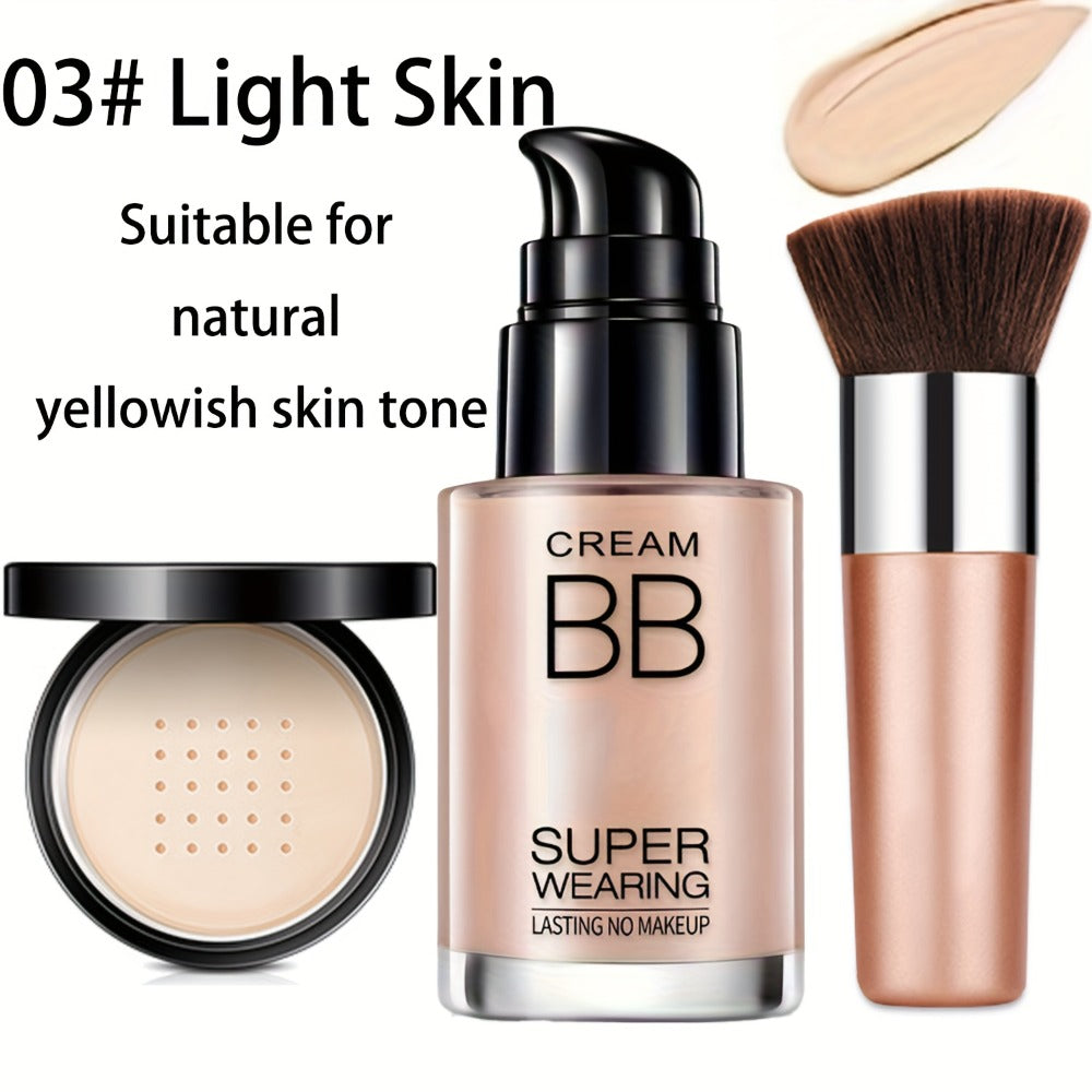 BB Cream Makeup Kit with Loose Setting Powder Brush & Sponge – Full Coverage Waterproof Long-Lasting Hydrating Foundation Set