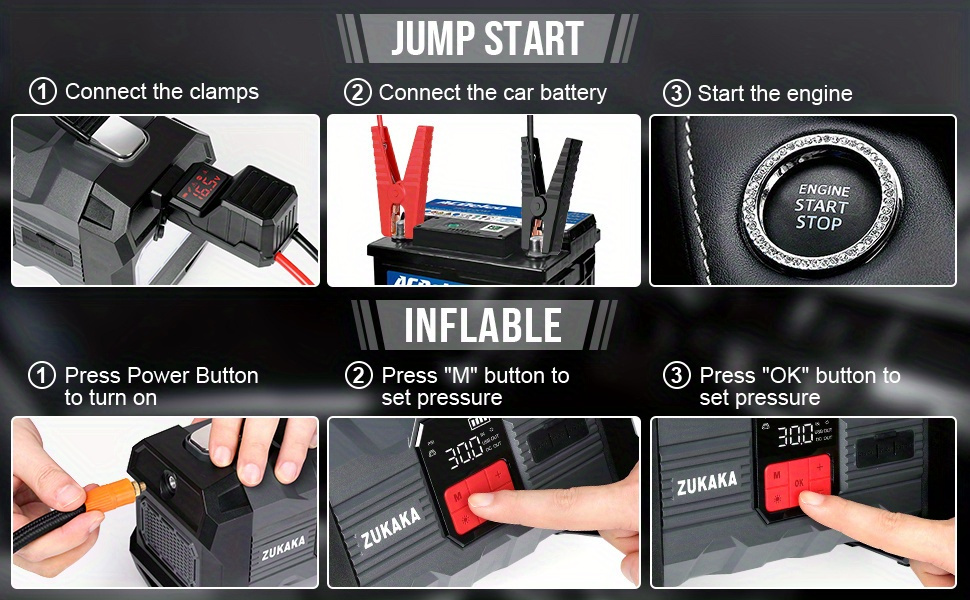 Jump Starter with Air Compressor 9000A Peak 10-in-1 150 PSI for All Gas 10L Diesel 12V USB USB-C Digital for Garden, Patio an