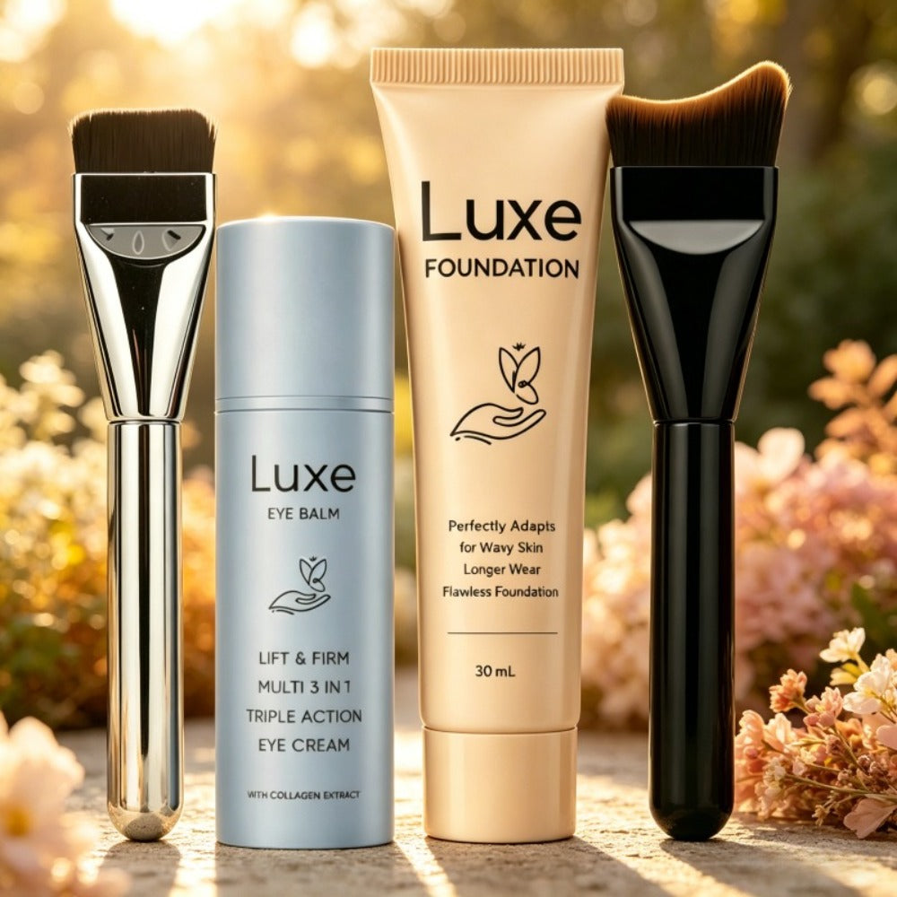 Liquid Foundation Makeup Set 4 Pcs, Full Coverage Buildable Foundation, Eye Cream Applicator & 2 Foundation Brushes — image 1