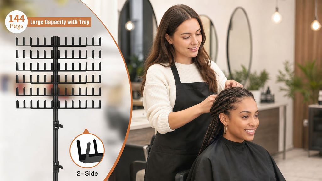 Braiding Hair Rack 144 Pegs Height Adjustable 2-Side Hair Extension Holder Stand with Tray – Foldable Portable Professional B