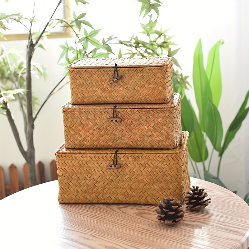 Rattan Storage Baskets Set of 3 with Lattice Lids and Label Holders in Graduated Sizes for Home Organization — image 3