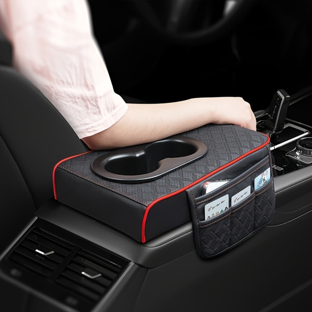 Car Center Console Cover PU Leather – Universal Armrest Box Mat with 2 Cup Holders & 2 Side Pockets, Phone & Card Storage — i