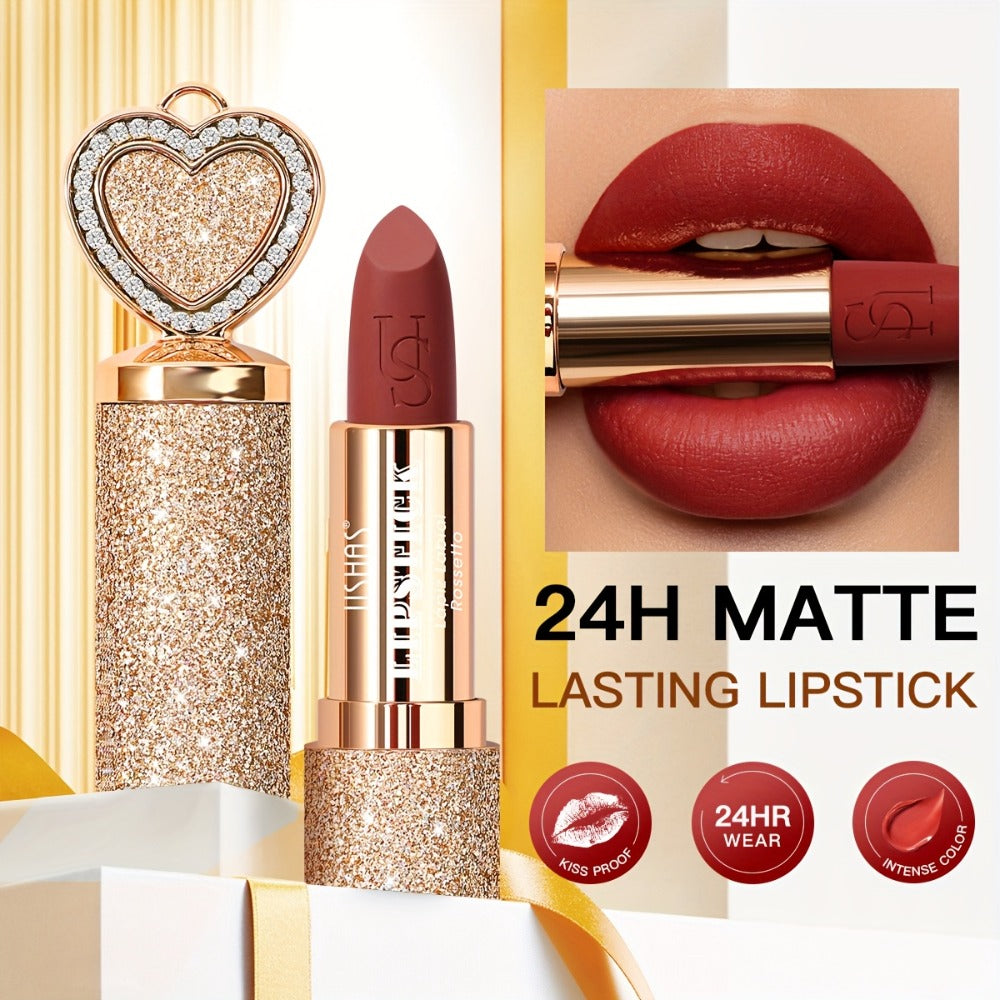 Matte Lipstick Heart-Shaped Design 24H Long-Lasting Velvet Finish – Transfer-Resistant Highly Pigmented Buildable Lip Color —