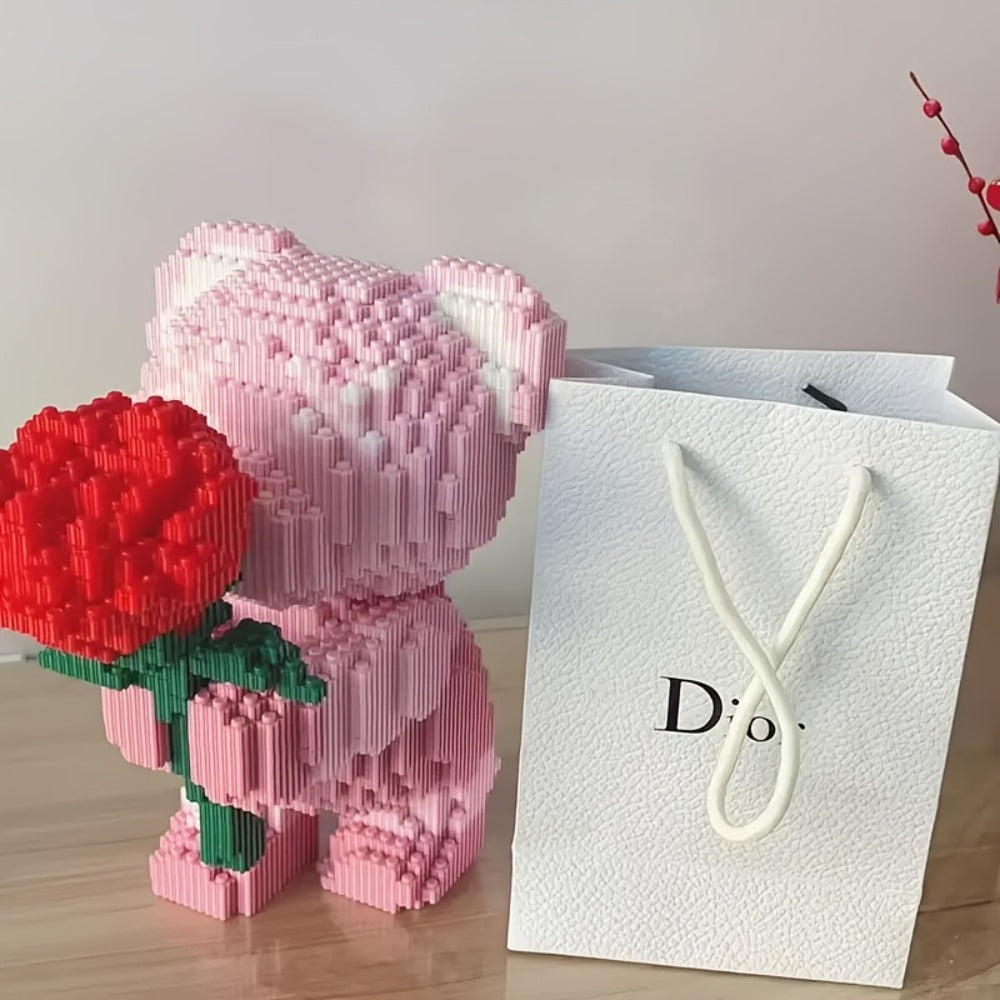 Rose Bear Building Blocks Set 4051 Pieces – Romantic Bear Holding Rose Brick Model Kit High-Difficulty Display Build — image 