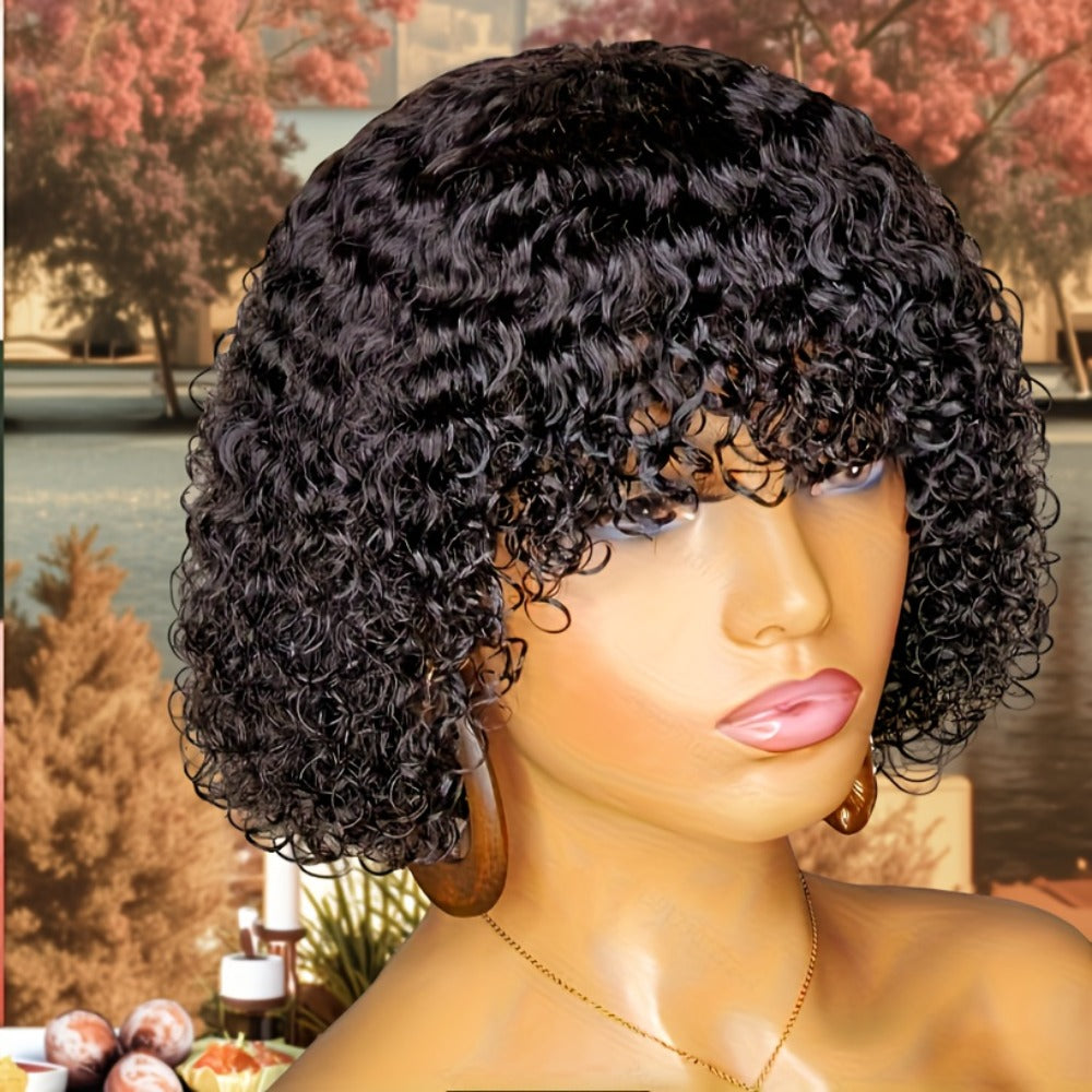 Wavy Elf-Cut Human Hair Wig with Bangs, Rose Mesh Cap and Black 10-Inch Layered Short-Hair Style — image 4