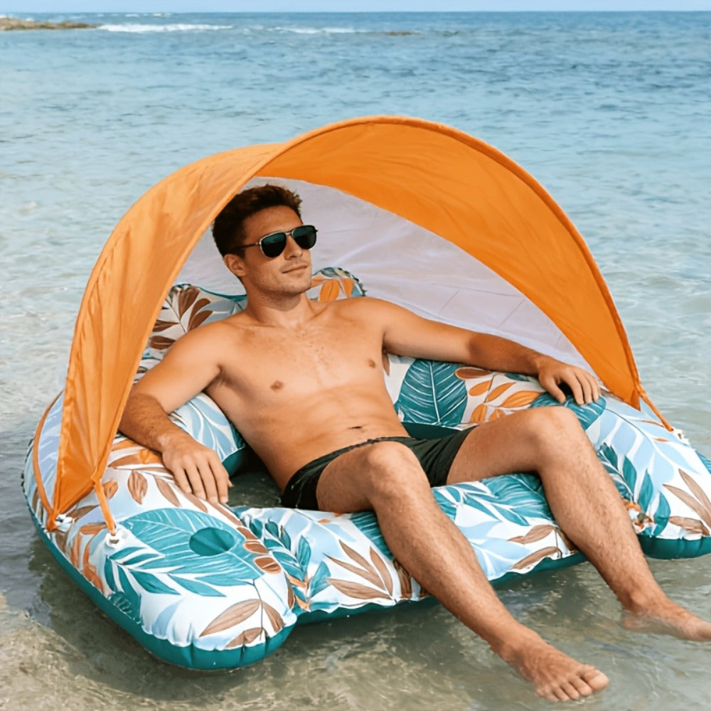 Tropical Leaf Inflatable Pool Lounger with Canopy, Cup Holder, Two Donut Drink Rings and Green or Blue Options — image 3