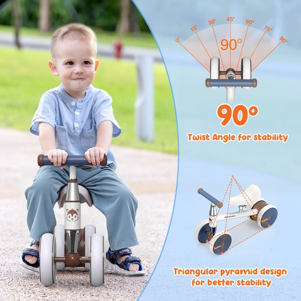 4 Wheel Balance Bike for Baby Toddlers 10-36 Months, First Bike with Adjustable Seat, 90° Steering Limit & Silent Anti-Slip T