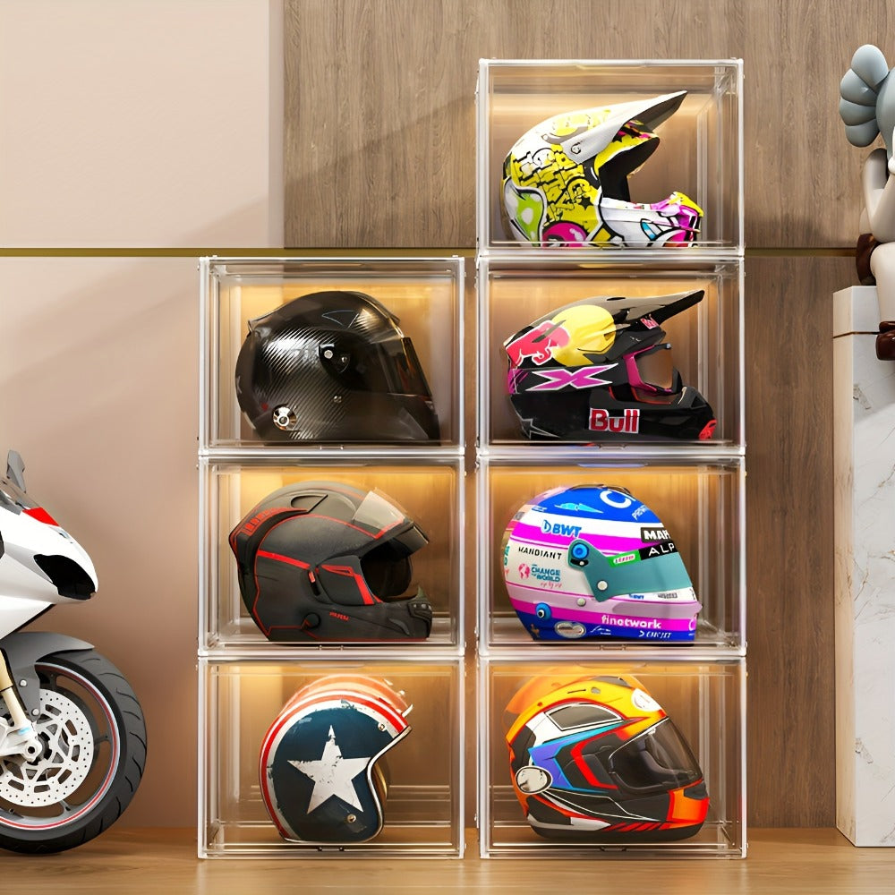 XL Clear Stackable Acrylic Storage Bins with Magnetic Lid – Dustproof Large Display Case for Figures, Collectibles, Helmets, 