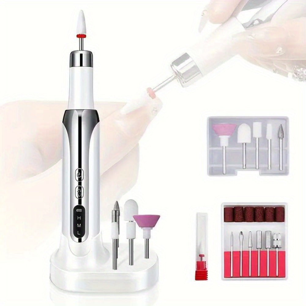 Electric Nail Drill Cordless USB Rechargeable Pen with Bit and Sanding Band Set in Gold or White — image 2