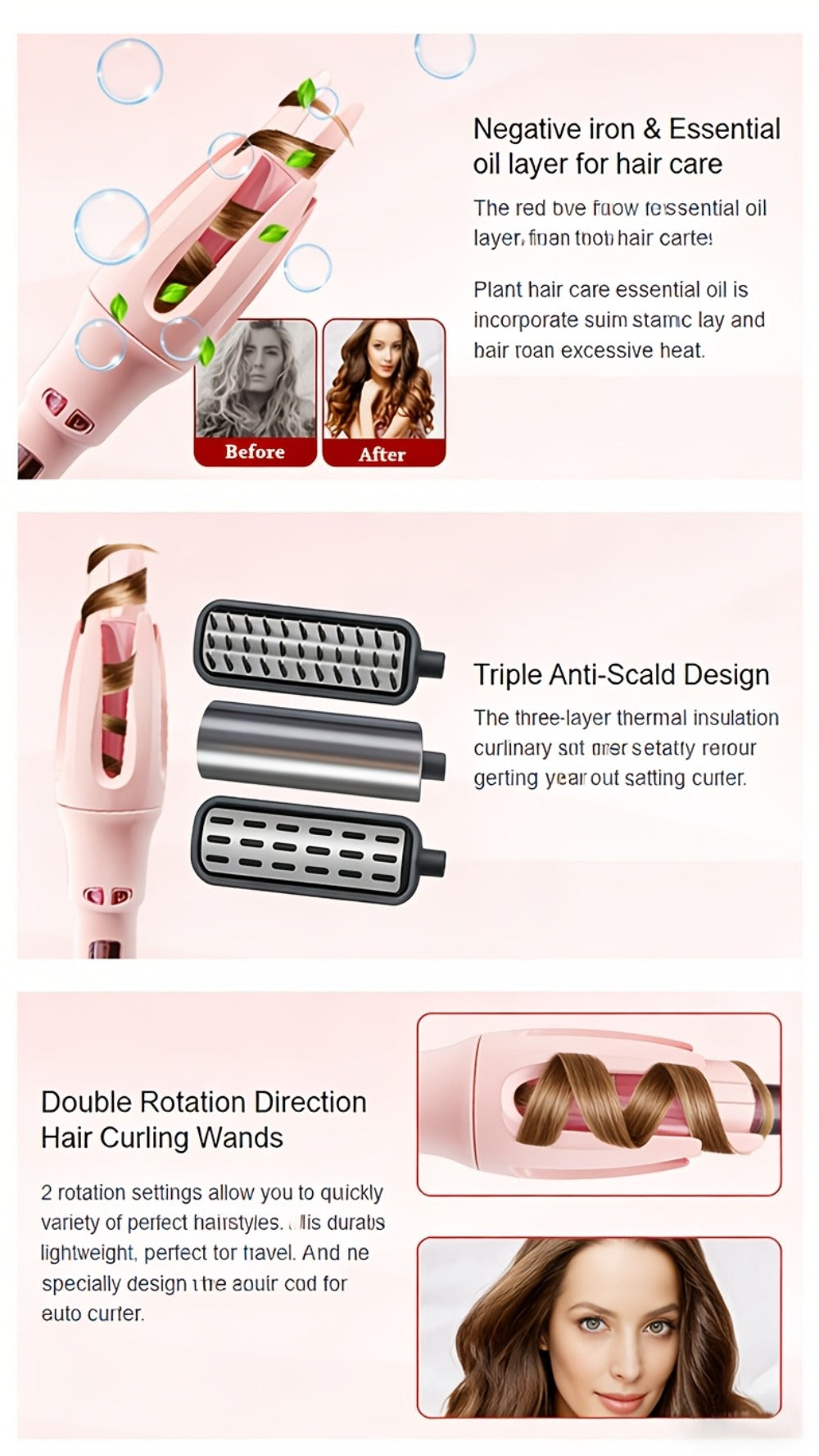 Automatic Rotating Curling Iron 4 Temperature Settings 40M Negative Ion Ceramic Barrel, for Home, Travel and Salon Hair Styli
