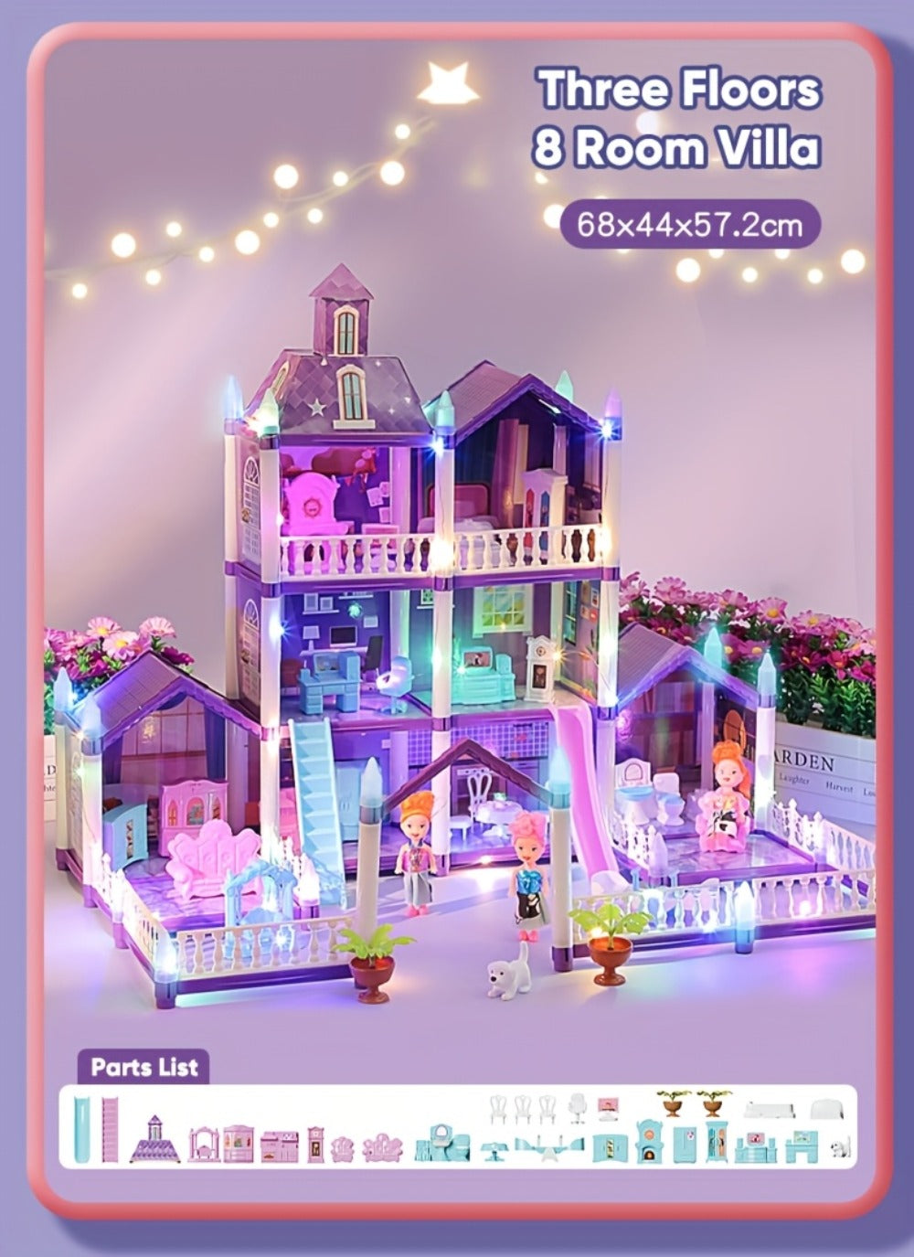 LED Dollhouse Playset for Girls, Purple Multi-Room Playhouse with Doll Figures, Puppies, Furniture & LED Lighting — image 28
