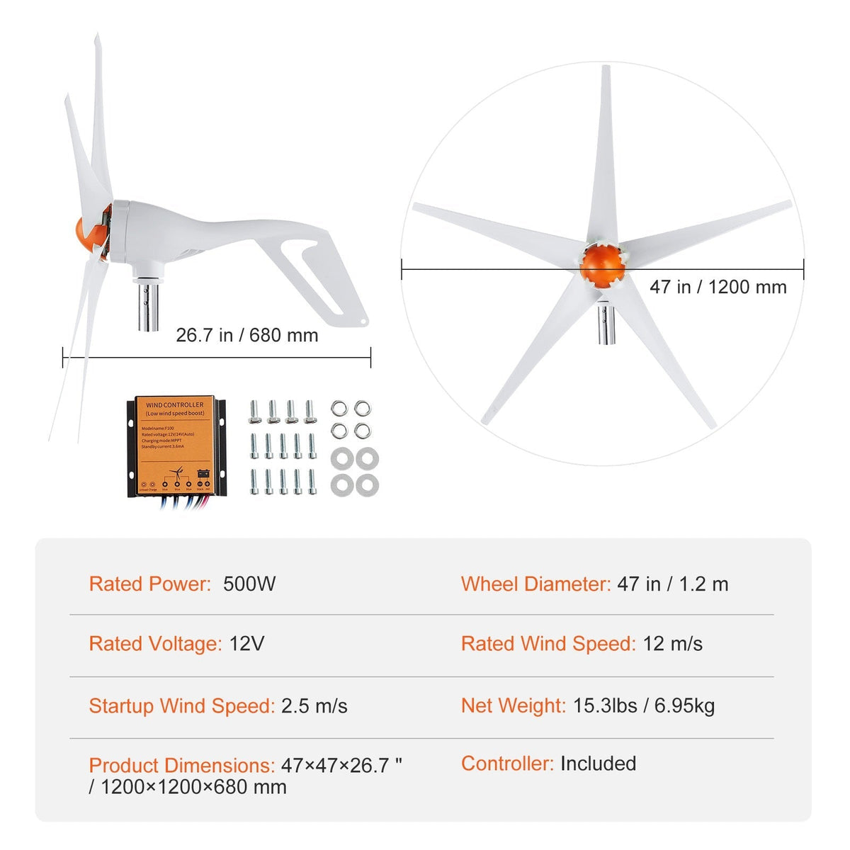 Wind Turbine Generator 500W 12V 5-Blade MPPT Controller Home Power System Kit for RV Boat Farm Off-Grid Energy — image 2