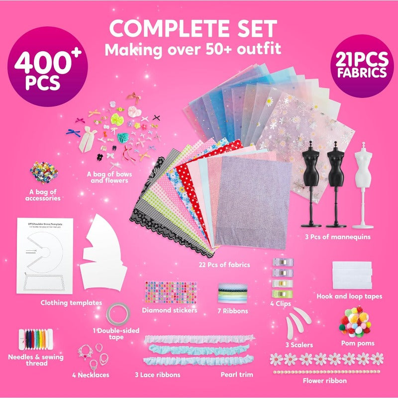 Fashion Design Kit for Girls 400+ Pieces, 3 Mannequins 21 Fabrics Ribbons Trims No-Sew DIY Dress Up Craft Set — image 9