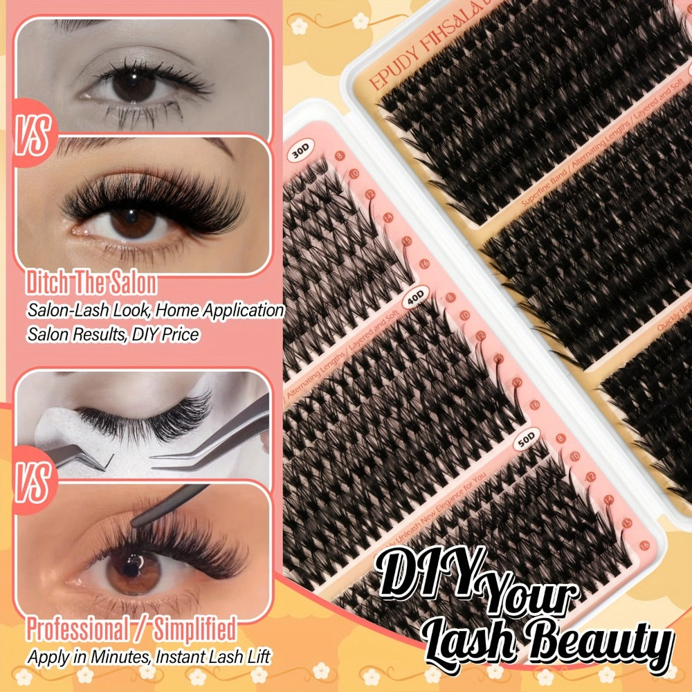 Lash Extension Kit with 708 Clusters in 8-16mm Mixed Lengths and 30D-100D Densities, Glue, Tweezers and Brush — image 7