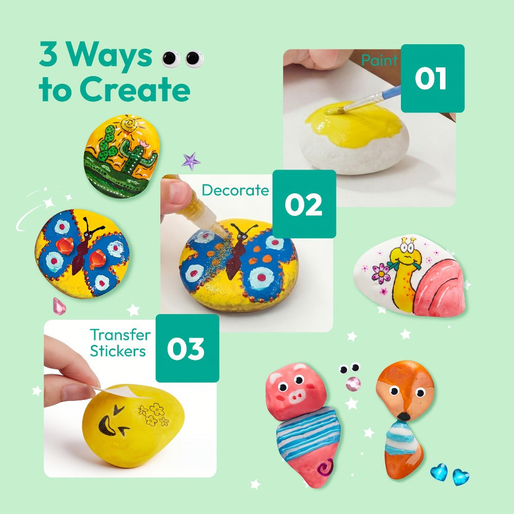 Rock Painting Craft Kit with 10 Stones, 16 Paint Colors, Brushes, Gems, Glitter and Stickers — image 6