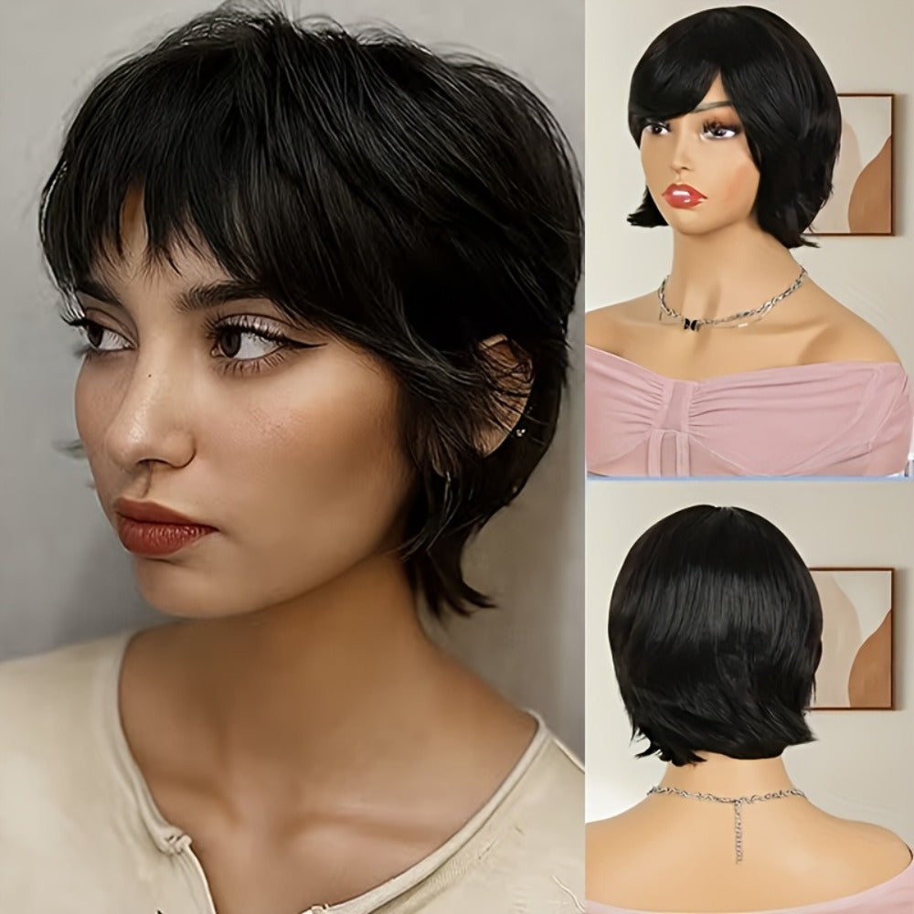 Wig Short Curly Wavy Pixie Bob in Natural Black, 6-Inch Human Hair with Bangs and Rose Net Cap — image 1