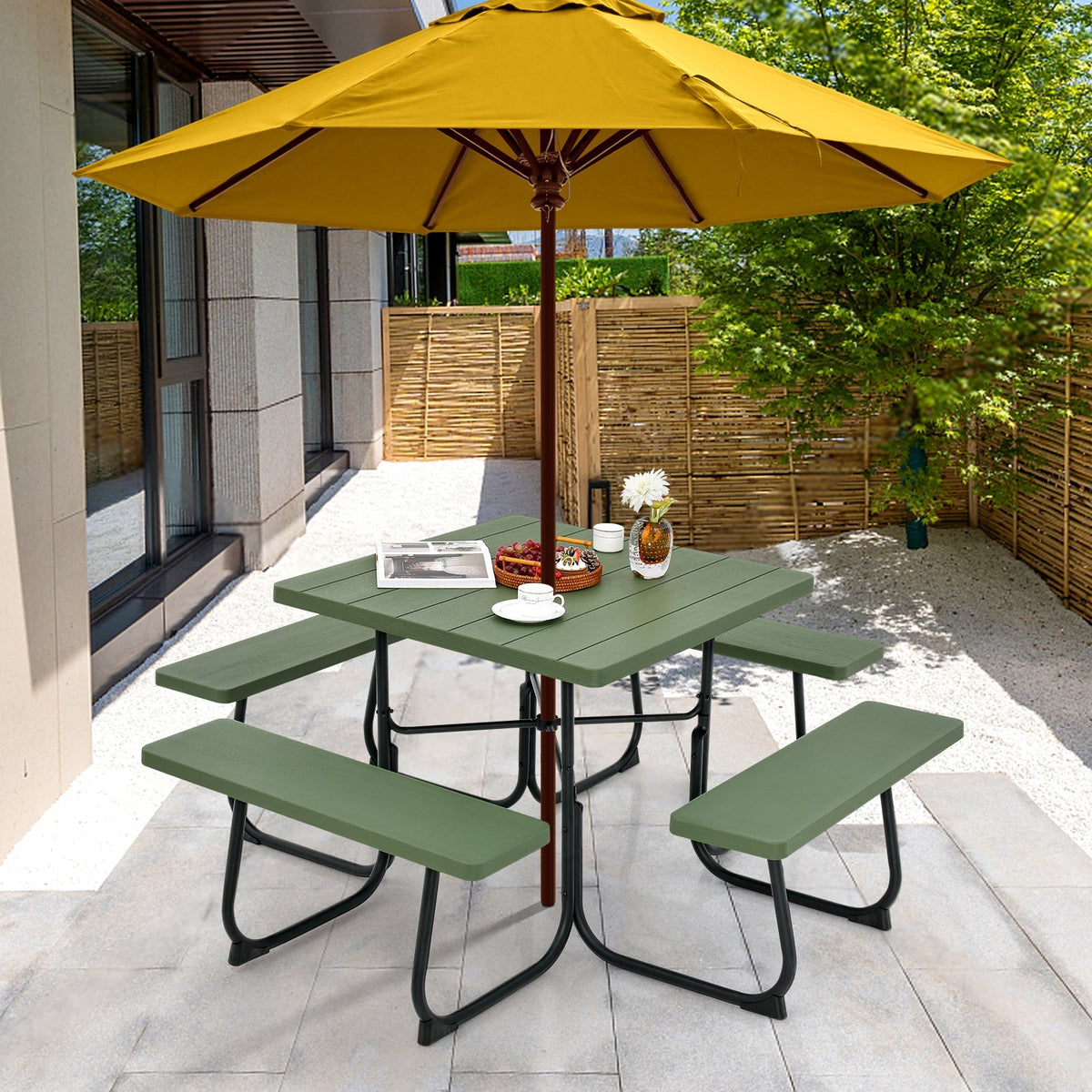 Outdoor Picnic Table 8-Person, Square HDPE Table with 4 Built-in Benches, Umbrella Hole, Metal Frame — image 5