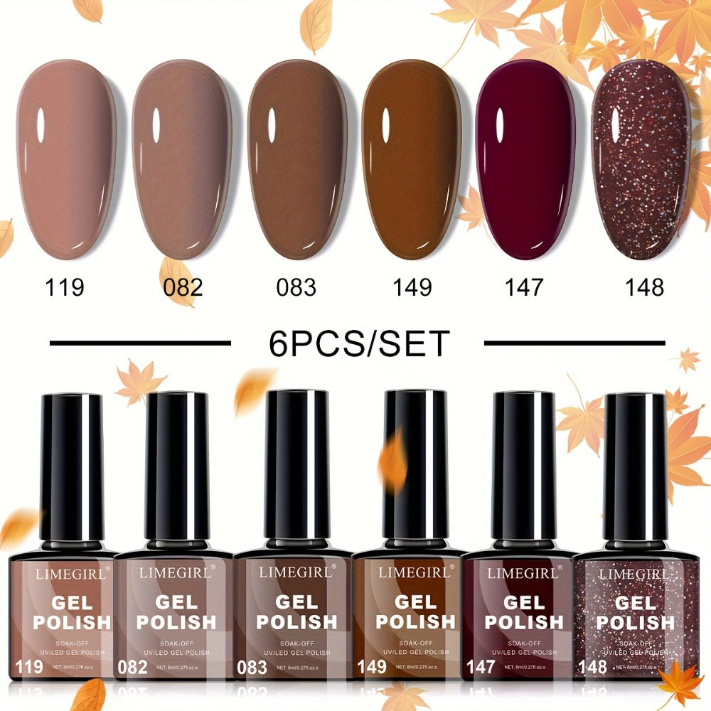 Gel Nail Polish Set with LIMEGIRL Label, 6 Fall Winter Glitter and Solid Colors, Two Palettes — image 10