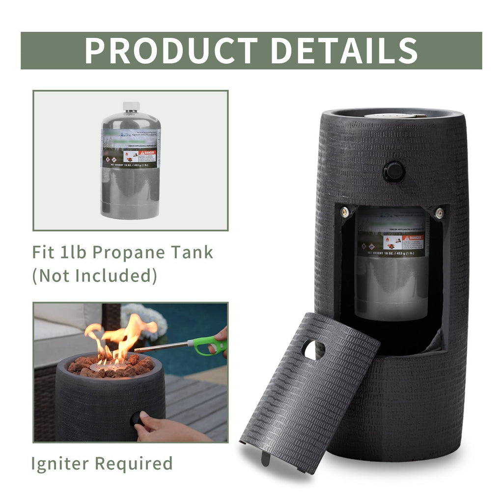 Propane Fire Pit Portable 11 Inch Outdoor 15000 BTU Self-Lighting Metal Concrete All-Weather Round Patio for Garden, Patio an
