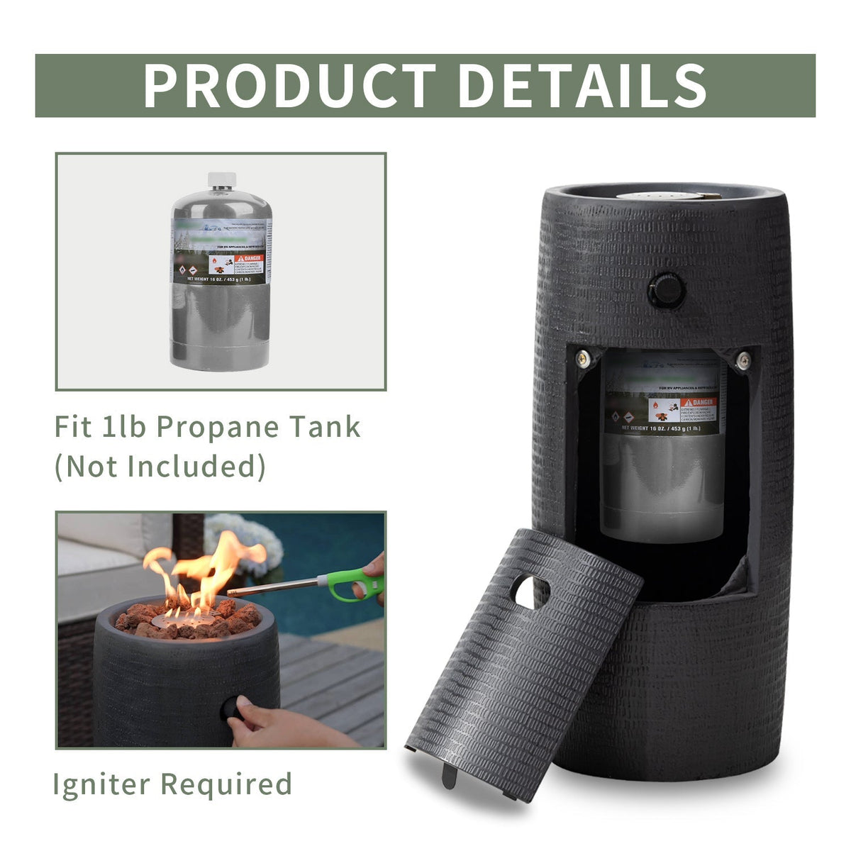 Propane Fire Pit Portable 11 Inch Outdoor 15000 BTU Self-Lighting Metal Concrete All-Weather Round Patio for Garden, Patio an