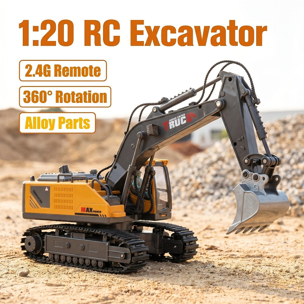 RC Excavator Toy for Kids Track Type 2.4GHz, 1200mAh Rechargeable Remote Control Construction Truck with Metal Shovel & LED L