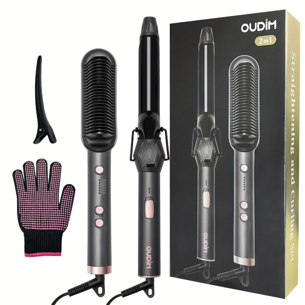 Hair Straightener & Curling Iron Set for Women, Flat Iron Straightening Brush, Anti-Scald, Precise Temperature Control — imag