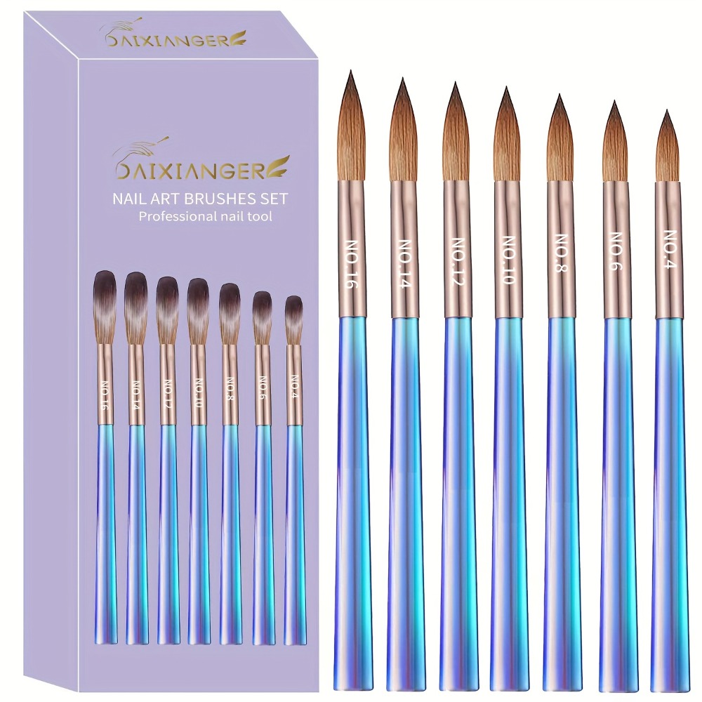 Nail Art Brush Set 7Pcs Aurora Blue Handle – Professional Acrylic Gel UV Nail Painting Brushes for Sculpting Dotting Liner Dr