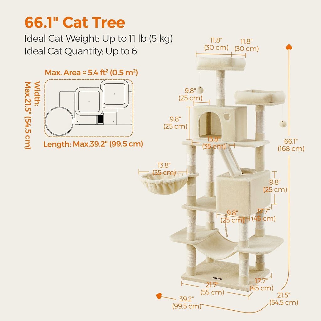 44- or 66-Inch Cat Tree Condo with Cave, Hammock, Raised Platforms and Four Color Options for Indoor Cats — image 19