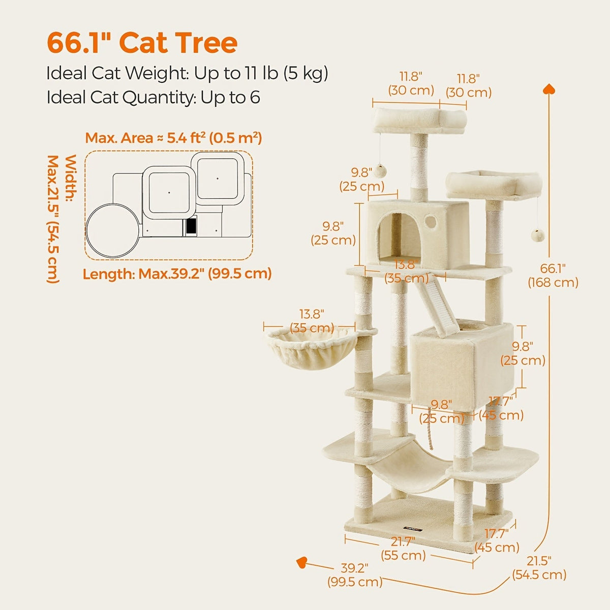 44- or 66-Inch Cat Tree Condo with Cave, Hammock, Raised Platforms and Four Color Options for Indoor Cats — image 19