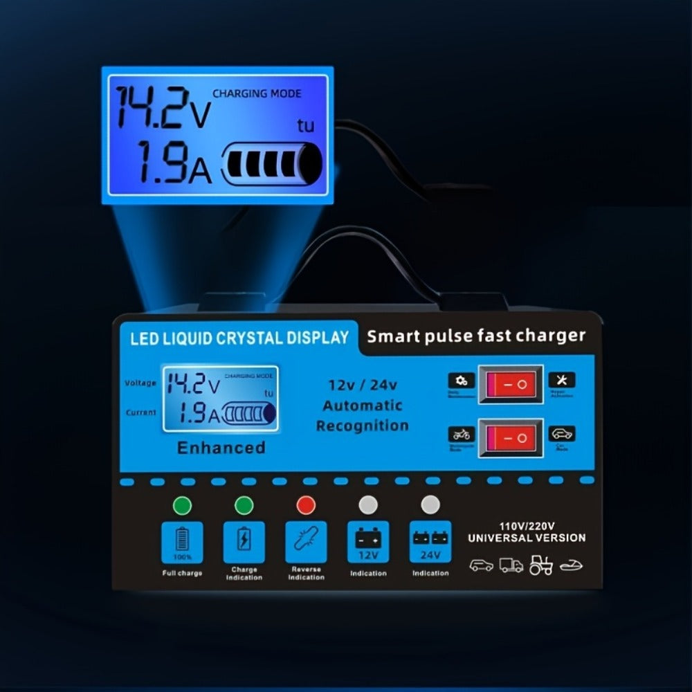 Intelligent Battery Charger & Inverter 12V & 24V – LCD Display, Trickle Maintenance, Overcharge & Short Circuit Protection fo