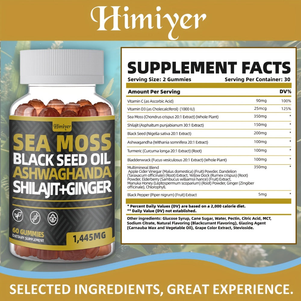 Sea Moss Gummies with Black Seed Oil, Ashwagandha, Shilajit, Elderberry, Chlorophyll, Turmeric & Bladderwrack — image 2