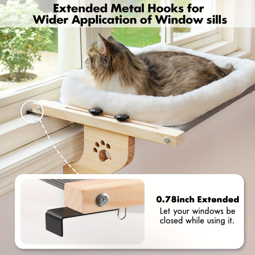Padded Cat Windowsill Perch with 55x38cm Wood Platform, Metal Hooks, Rubber Pads and Adjustable Fit — image 5