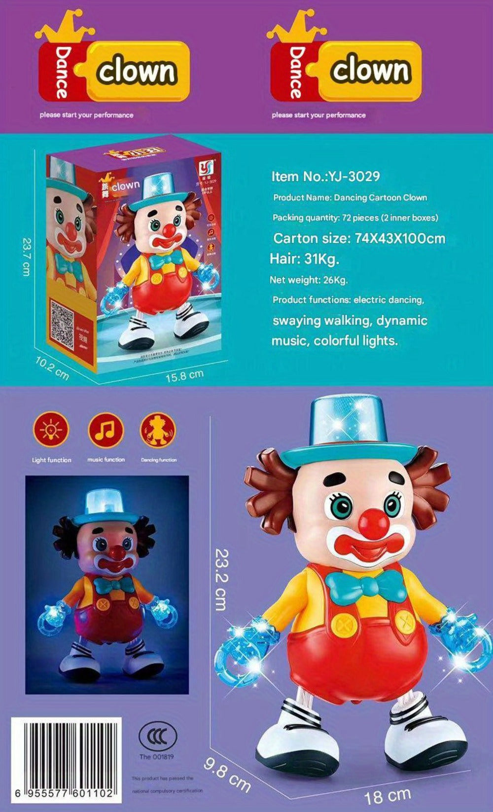 Dancing Clown Toy Doll with Light & Music, Swinging Fidget Toy for Kids Boys & Girls, Funny Weird Halloween Decoration — imag