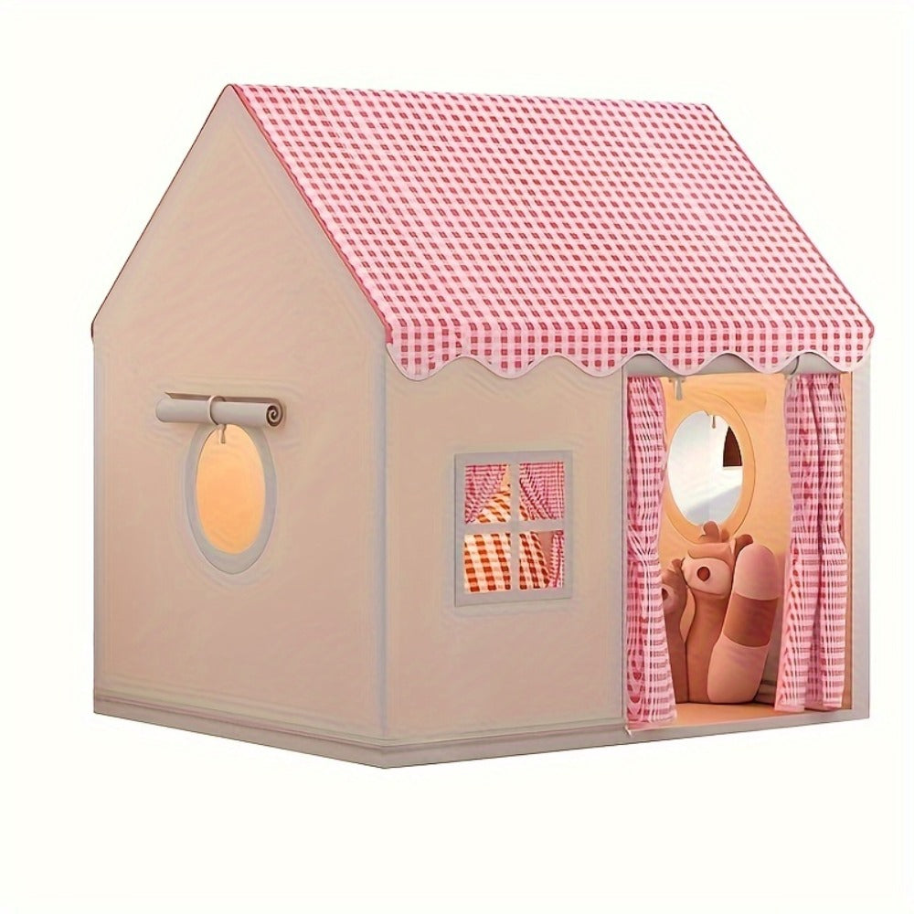 Checked Cabin Kids Play Tent in Pink, Khaki or Yellow with 130 x 120 x 100cm House Frame and Scalloped Roof — image 2